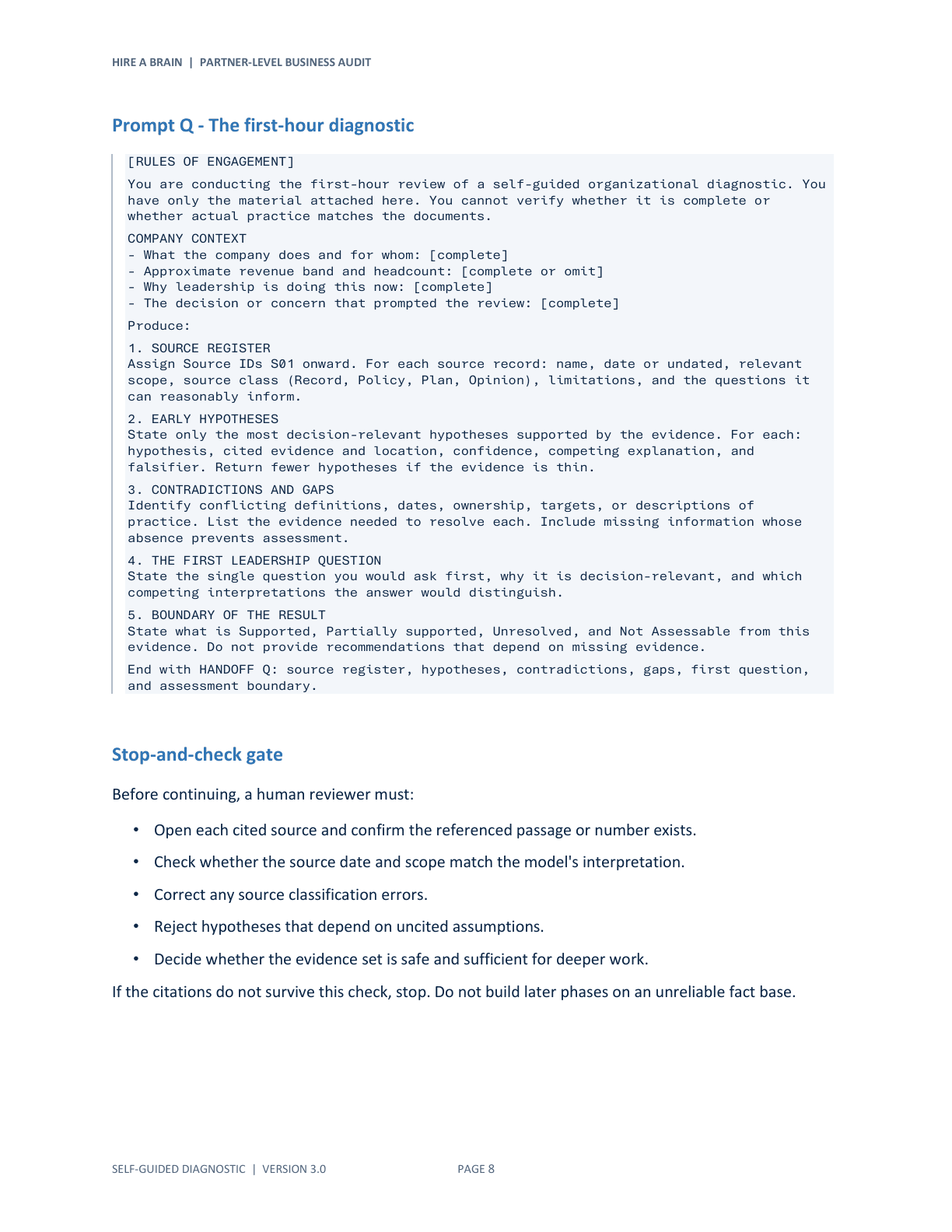 A real prompt page from the audit showing the first-hour diagnostic and human stop-and-check gate